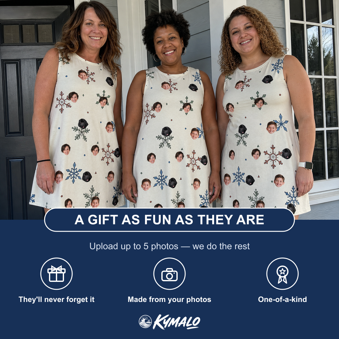 Friends in matching Women's Tinsel Tumble Custom Face Tank Dress — a group gift photo