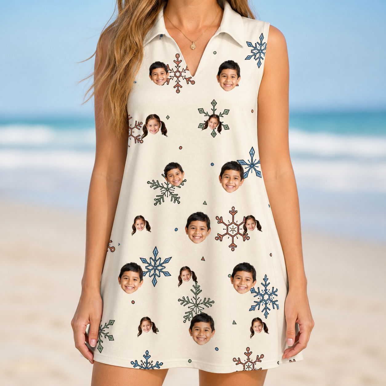 Model wearing Women's Tinsel Tumble Custom Face V-Neck Dress printed with kids' faces