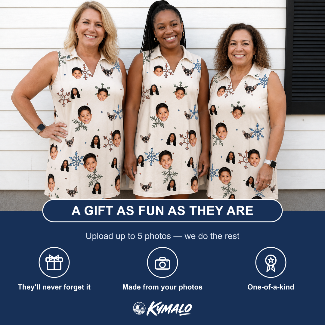 Friends in matching Women's Tinsel Tumble Custom Face V-Neck Dress — a group gift photo