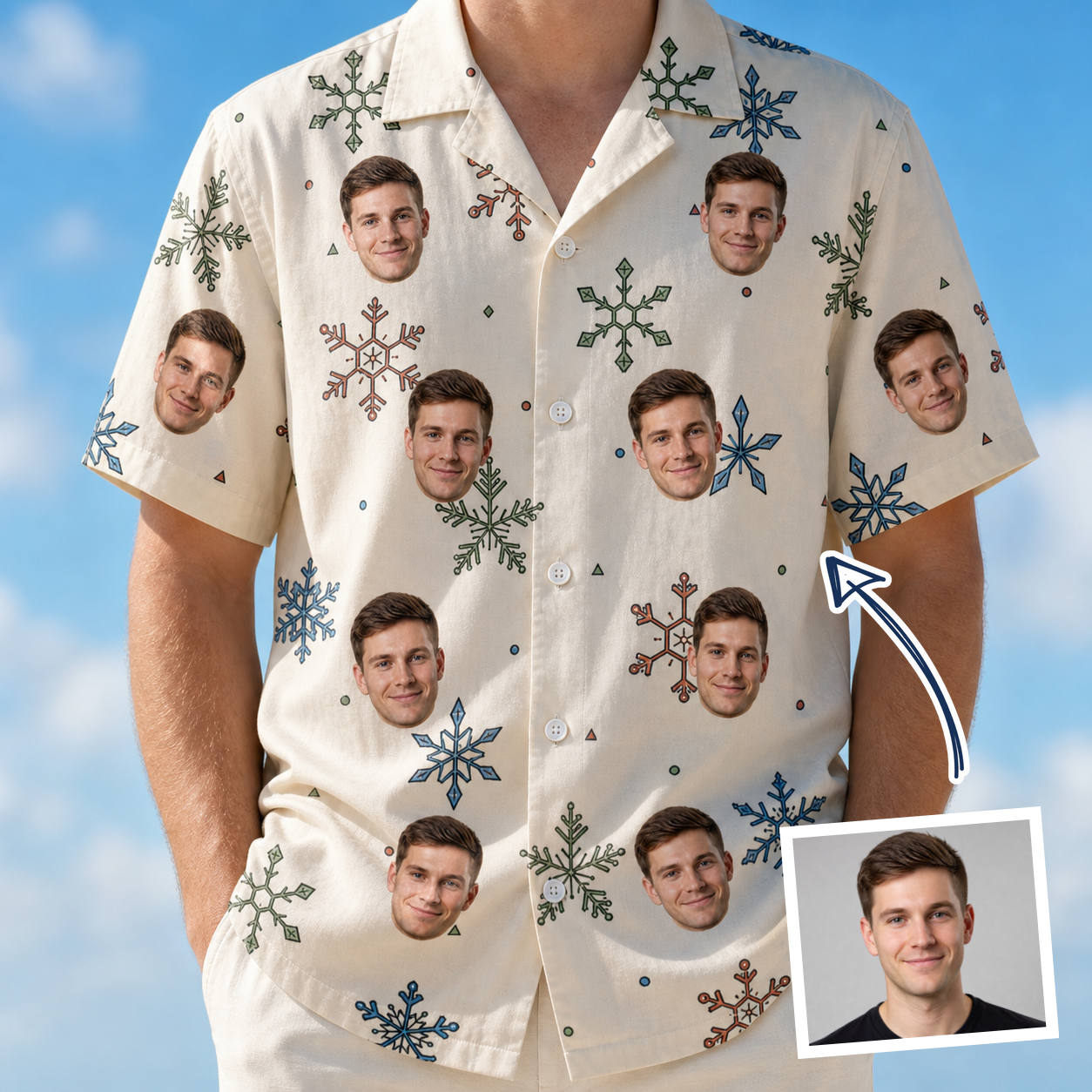 Man wearing Men's Tinsel Tumble Custom Face Hawaiian Shirt — custom faces printed all-over