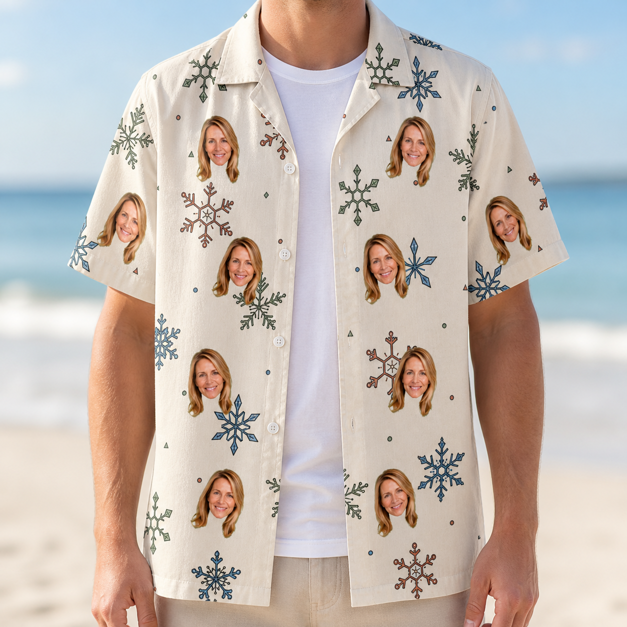 Man wearing Men's Tinsel Tumble Custom Face Hawaiian Shirt open over a white tee