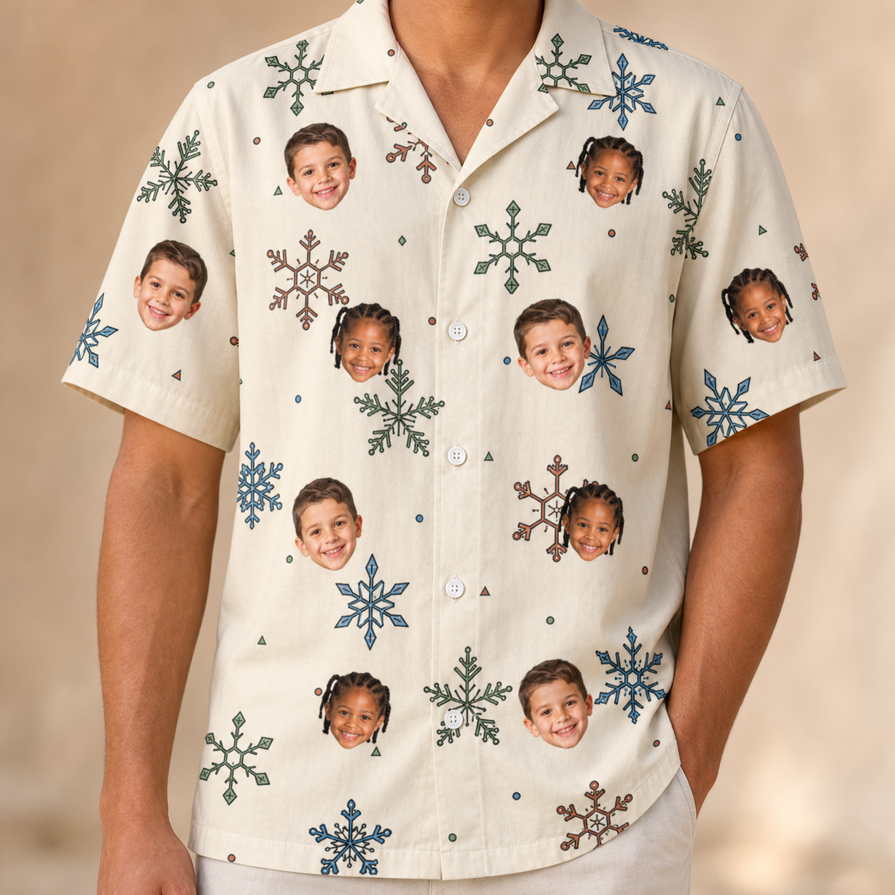 Model wearing Men's Tinsel Tumble Custom Face Hawaiian Shirt printed with kids' faces