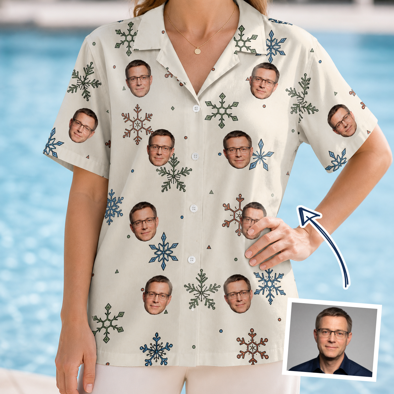 Woman wearing Women's Tinsel Tumble Custom Face Hawaiian Shirt — custom faces printed all-over