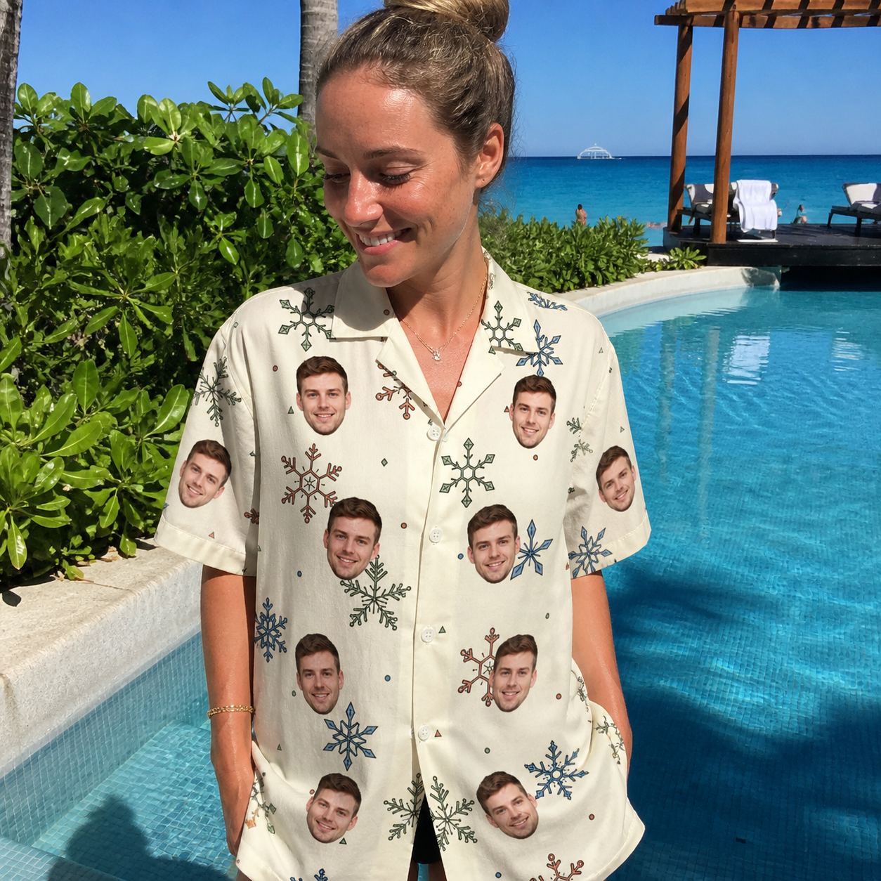 Real-life photo of someone wearing Women's Tinsel Tumble Custom Face Hawaiian Shirt — custom faces printed all-over