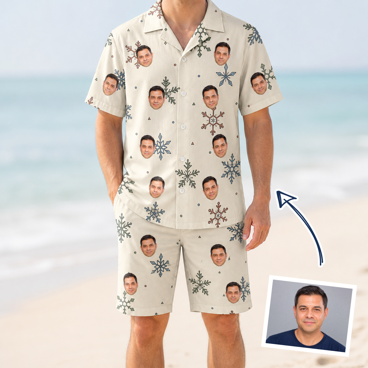 Man wearing Men's Tinsel Tumble Custom Face Shirt & Shorts Set — custom faces printed all-over
