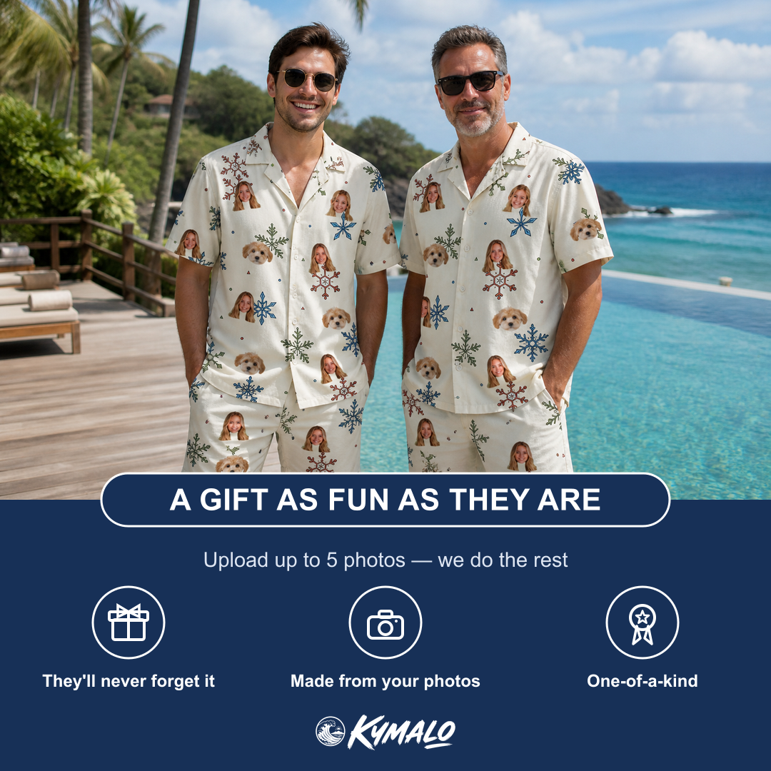 Friends in matching Men's Tinsel Tumble Custom Face Shirt & Shorts Set — a group gift photo