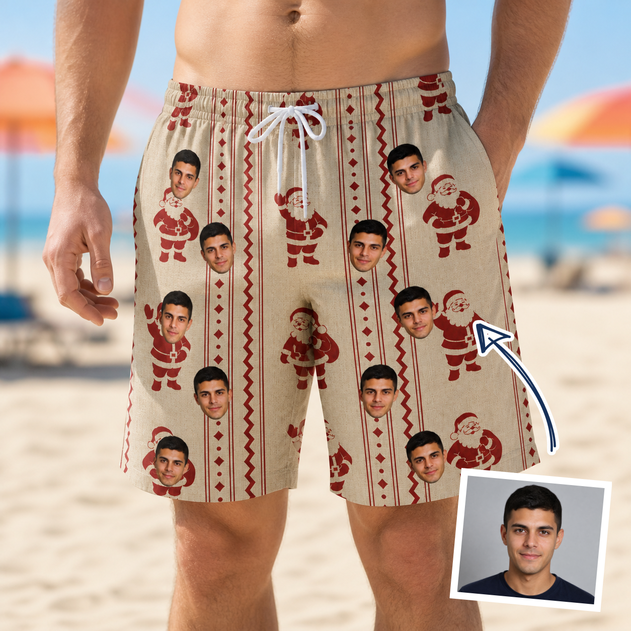 Man wearing Men's Jolly Jingle Custom Face Beach Shorts — custom faces printed all-over