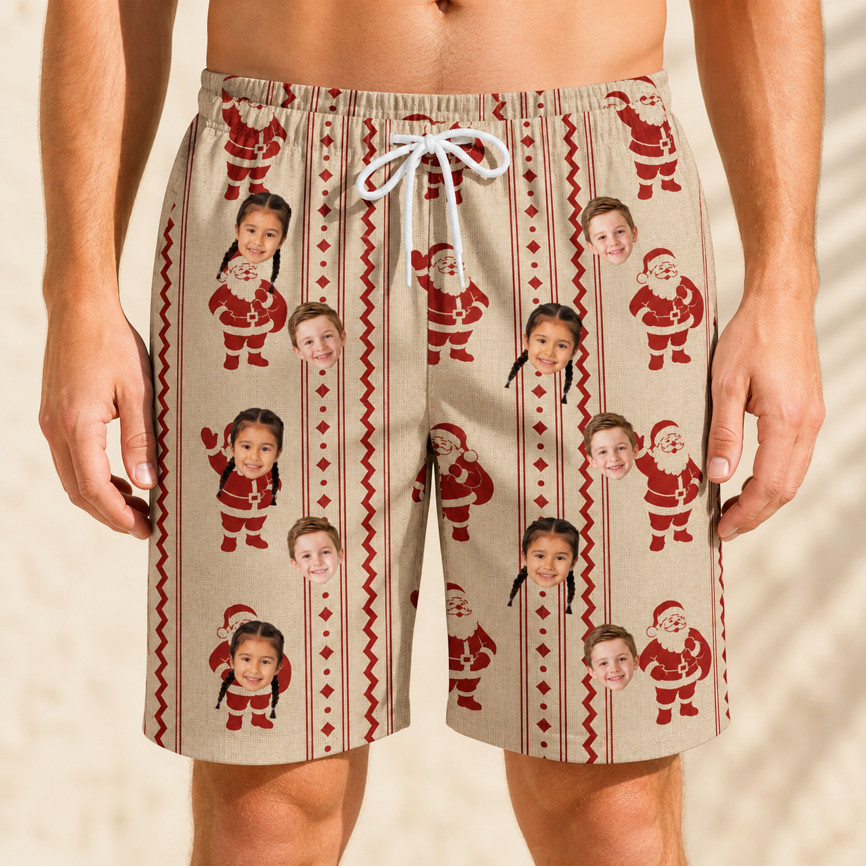 Model wearing Men's Jolly Jingle Custom Face Beach Shorts printed with kids' faces