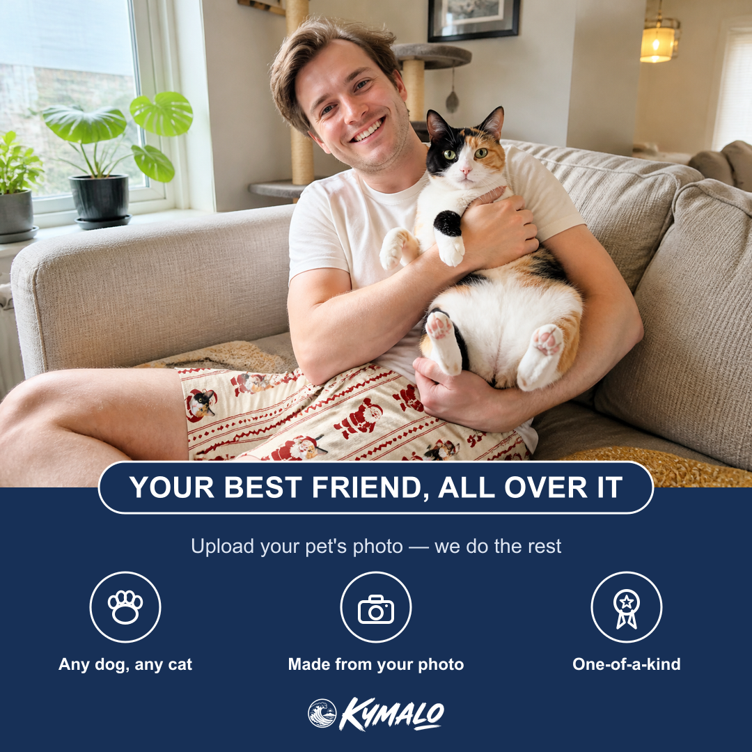 Friends in matching Men's Jolly Jingle Custom Cat Face Beach Shorts — a group gift photo