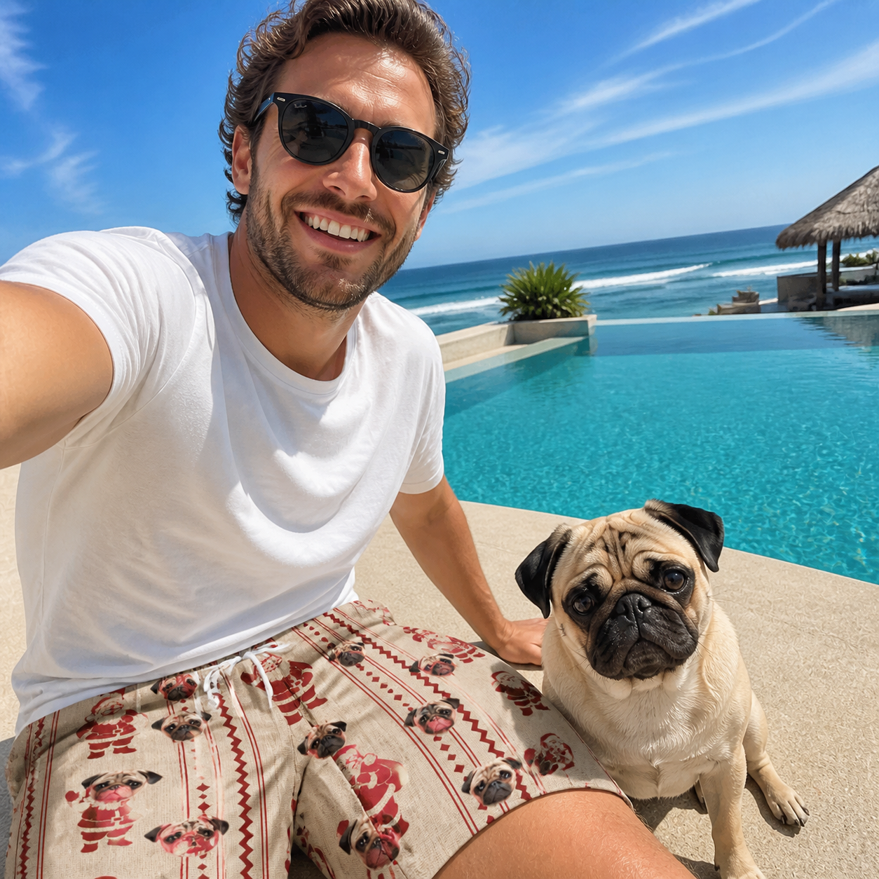 Selfie with the pet whose face is printed all over this Men's Jolly Jingle Custom Dog Face Beach Shorts
