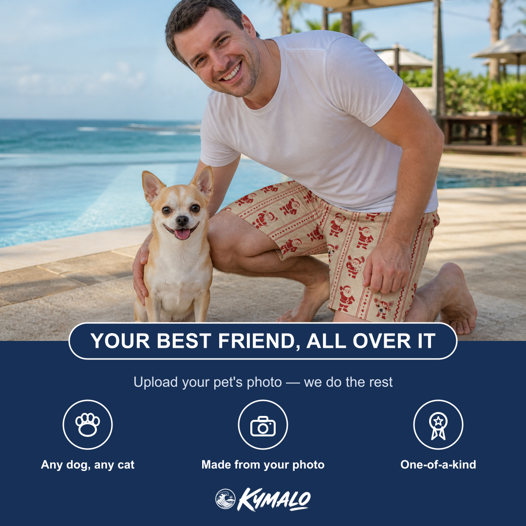 Friends in matching Men's Jolly Jingle Custom Dog Face Beach Shorts — a group gift photo