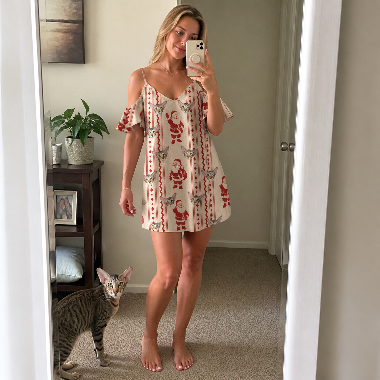 Full-length photo with the pet printed all over this Women's Jolly Jingle Custom Cat Face Off-Shoulder Dress