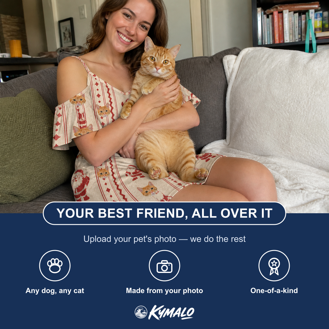 Friends in matching Women's Jolly Jingle Custom Cat Face Off-Shoulder Dress — a group gift photo