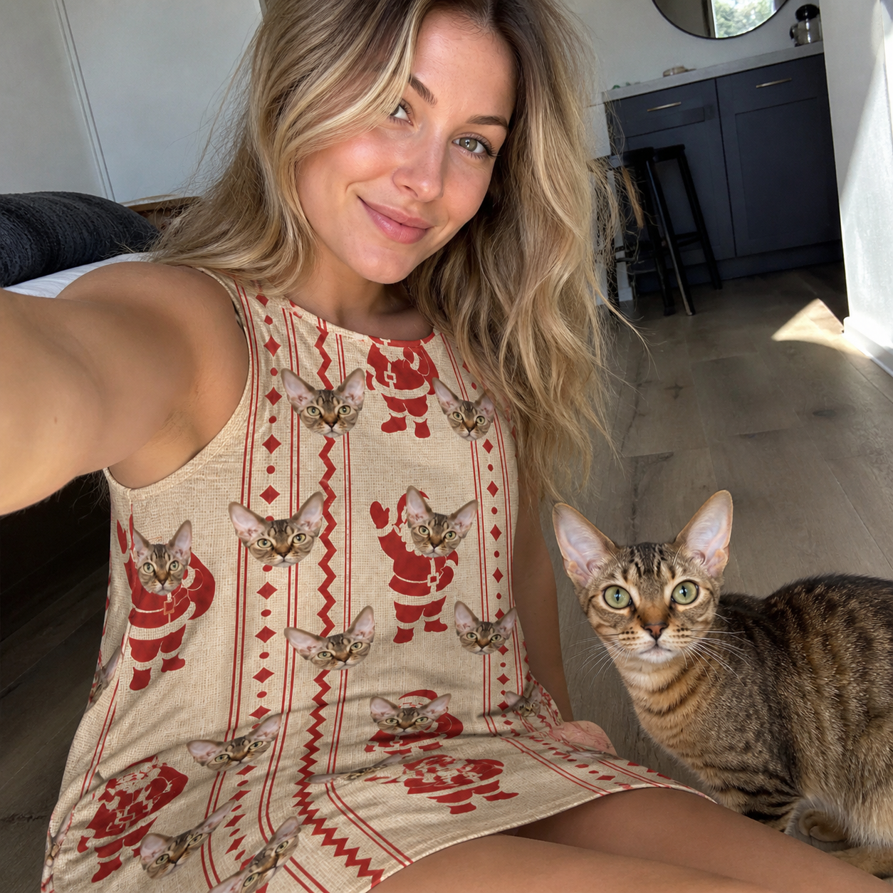 Selfie with the pet whose face is printed all over this Women's Jolly Jingle Custom Cat Face Tank Dress