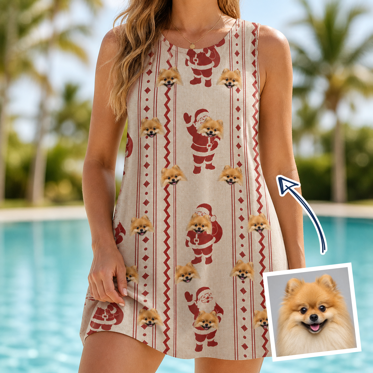 Woman wearing Women's Jolly Jingle Custom Dog Face Tank Dress — custom faces printed all-over