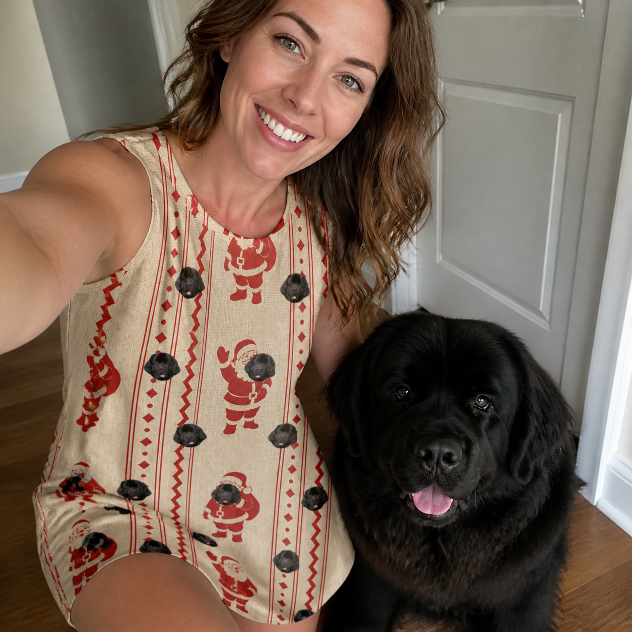 Selfie with the pet whose face is printed all over this Women's Jolly Jingle Custom Dog Face Tank Dress
