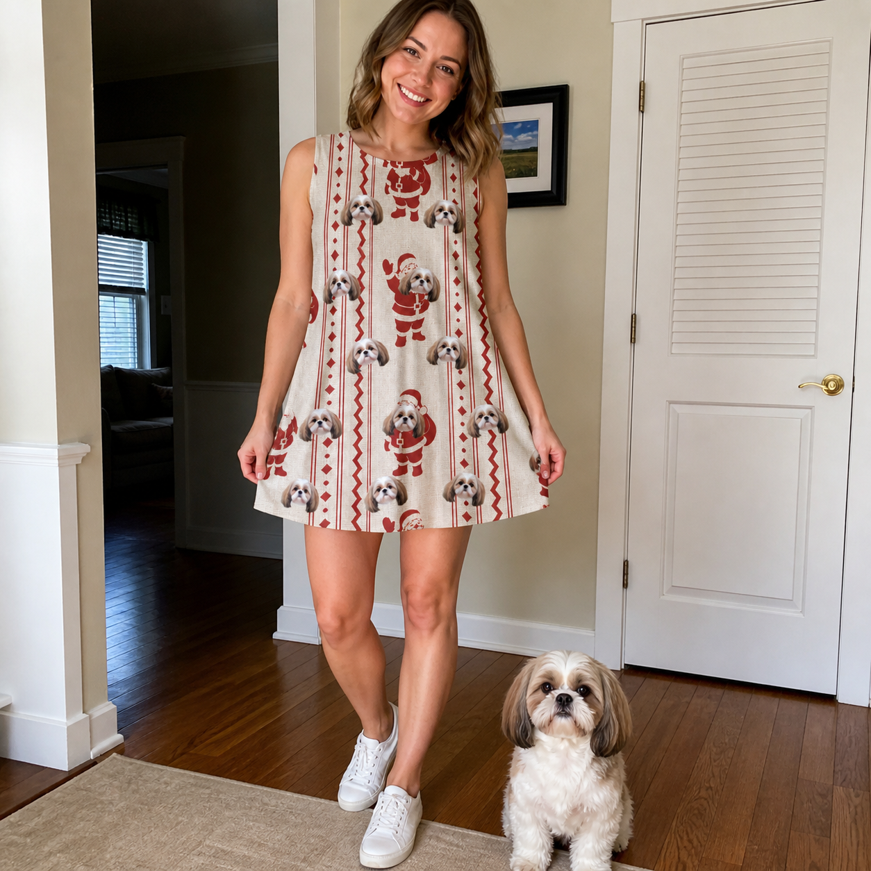 Full-length photo with the pet printed all over this Women's Jolly Jingle Custom Dog Face Tank Dress
