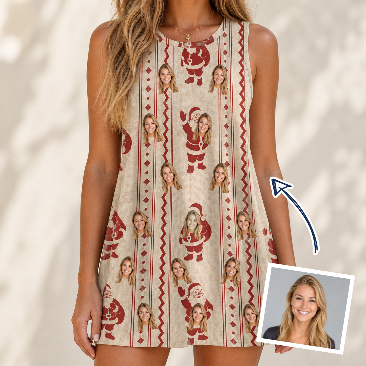 Woman wearing Women's Jolly Jingle Custom Face Tank Dress — custom faces printed all-over