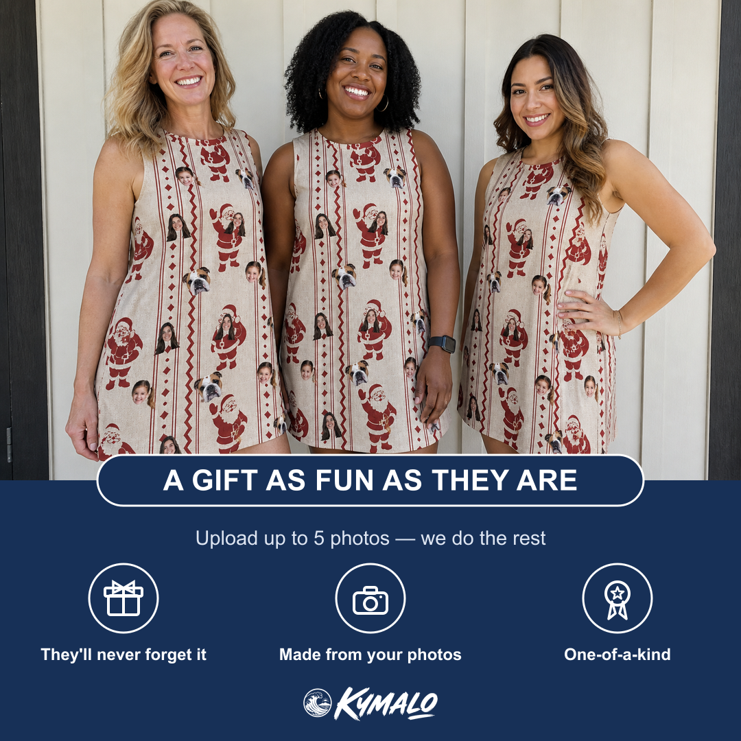 Friends in matching Women's Jolly Jingle Custom Face Tank Dress — a group gift photo