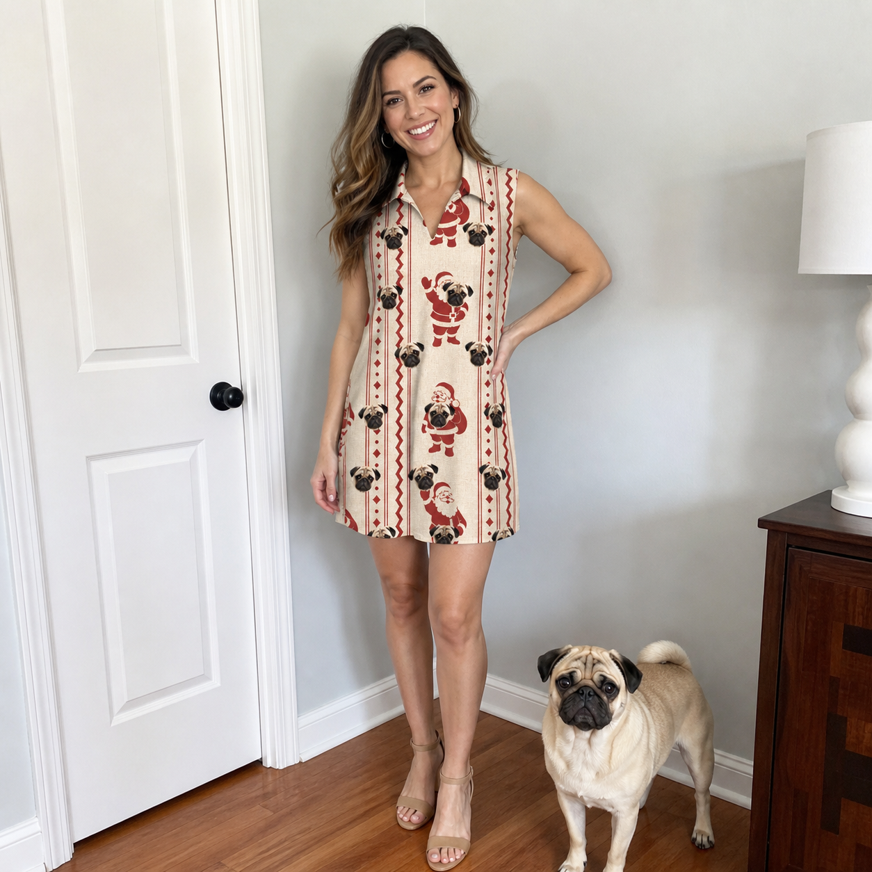 Full-length photo with the pet printed all over this Women's Jolly Jingle Custom Dog Face V-Neck Dress
