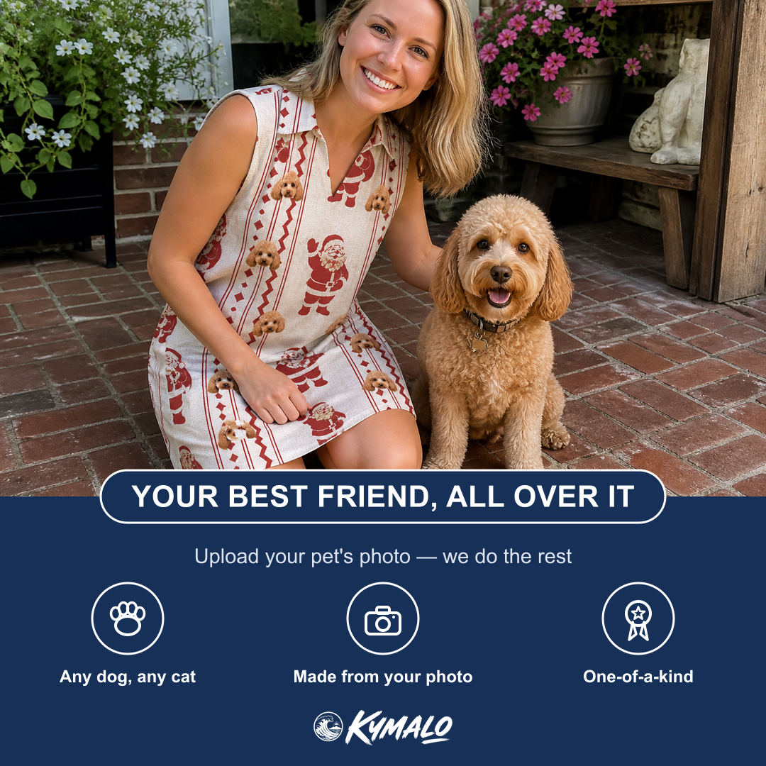 Friends in matching Women's Jolly Jingle Custom Dog Face V-Neck Dress — a group gift photo