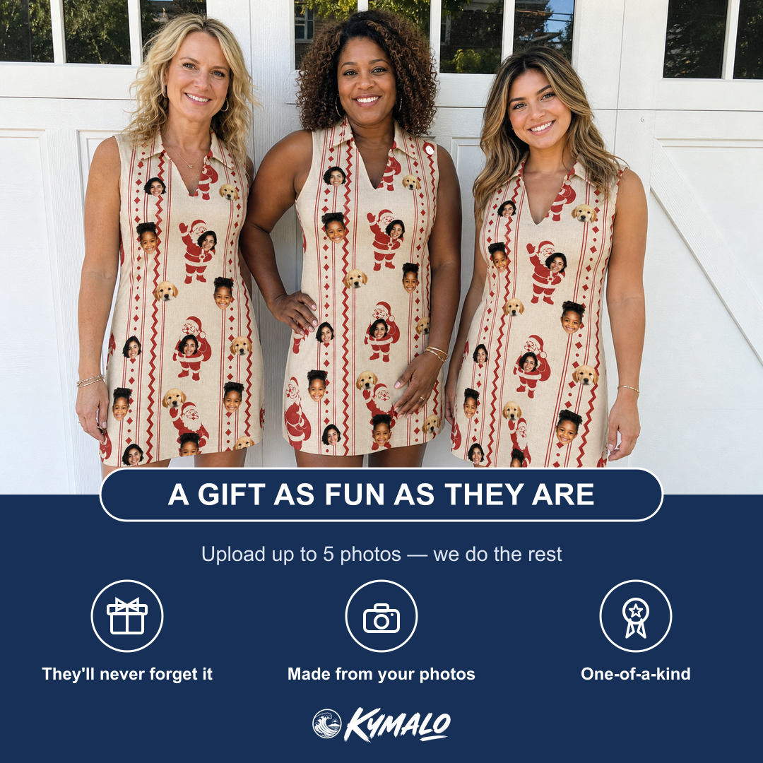 Friends in matching Women's Jolly Jingle Custom Face V-Neck Dress — a group gift photo
