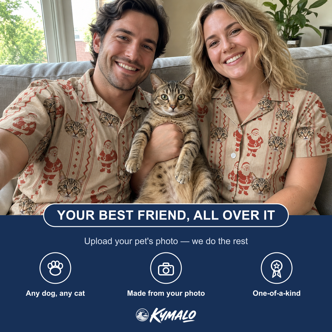 Friends in matching Men's Jolly Jingle Custom Cat Face Hawaiian Shirt — a group gift photo