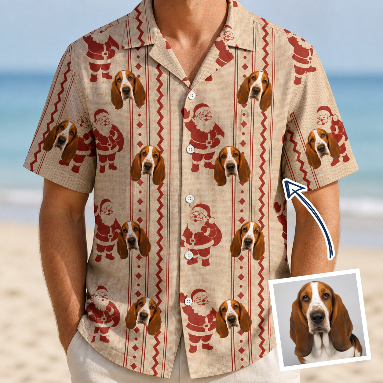 Man wearing Men's Jolly Jingle Custom Dog Face Hawaiian Shirt — custom faces printed all-over