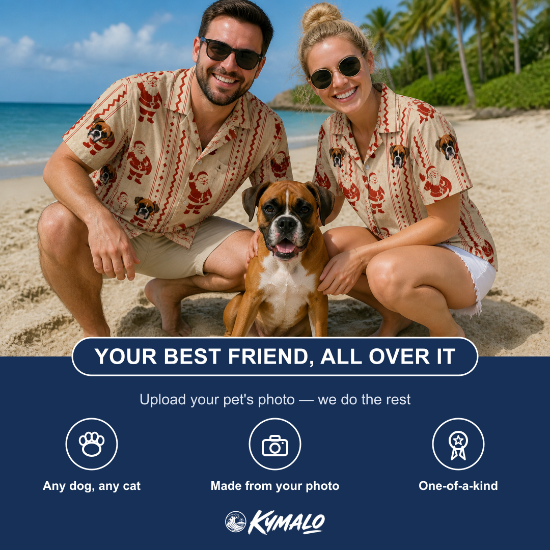Friends in matching Men's Jolly Jingle Custom Dog Face Hawaiian Shirt — a group gift photo