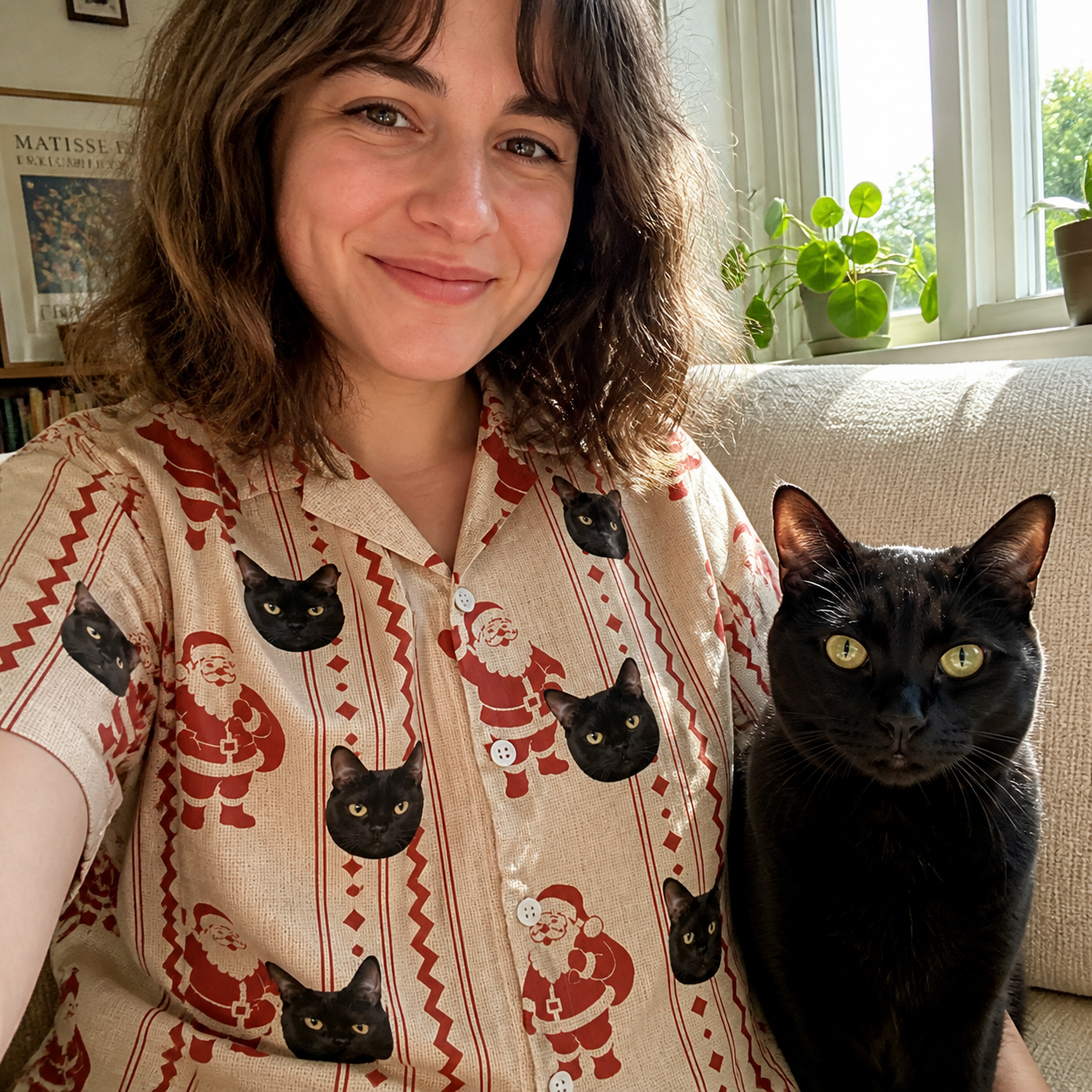Selfie with the pet whose face is printed all over this Women's Jolly Jingle Custom Cat Face Hawaiian Shirt