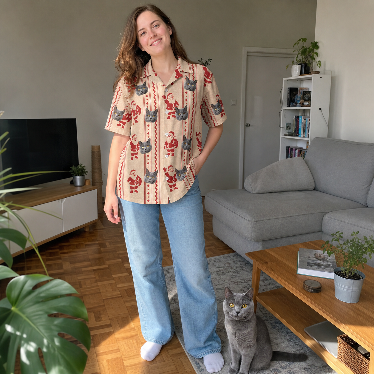 Full-length photo with the pet printed all over this Women's Jolly Jingle Custom Cat Face Hawaiian Shirt