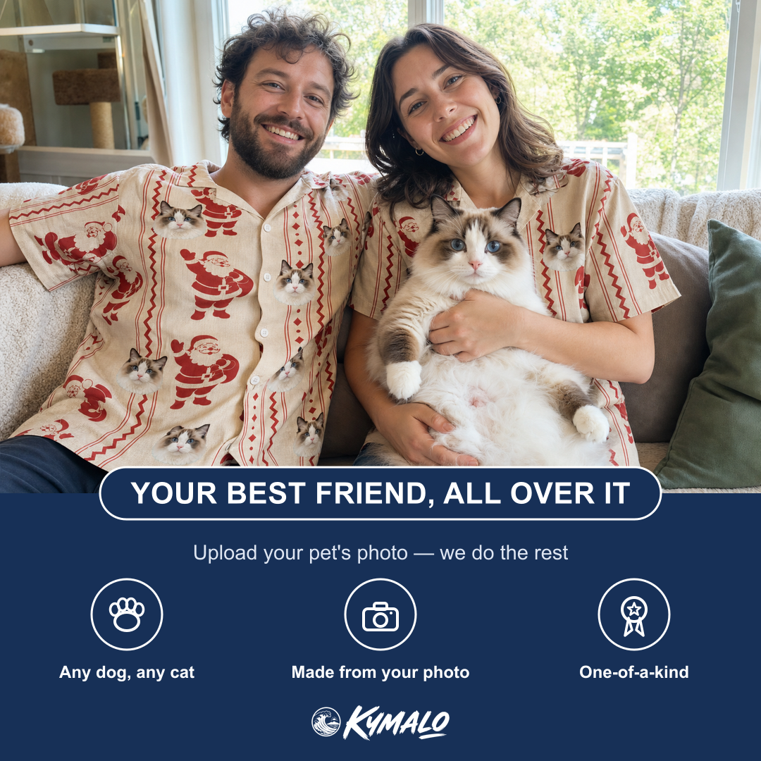 Friends in matching Women's Jolly Jingle Custom Cat Face Hawaiian Shirt — a group gift photo