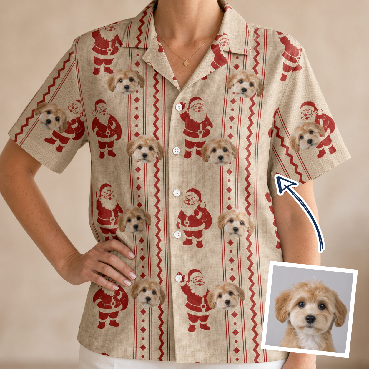 Woman wearing Women's Jolly Jingle Custom Dog Face Hawaiian Shirt — custom faces printed all-over