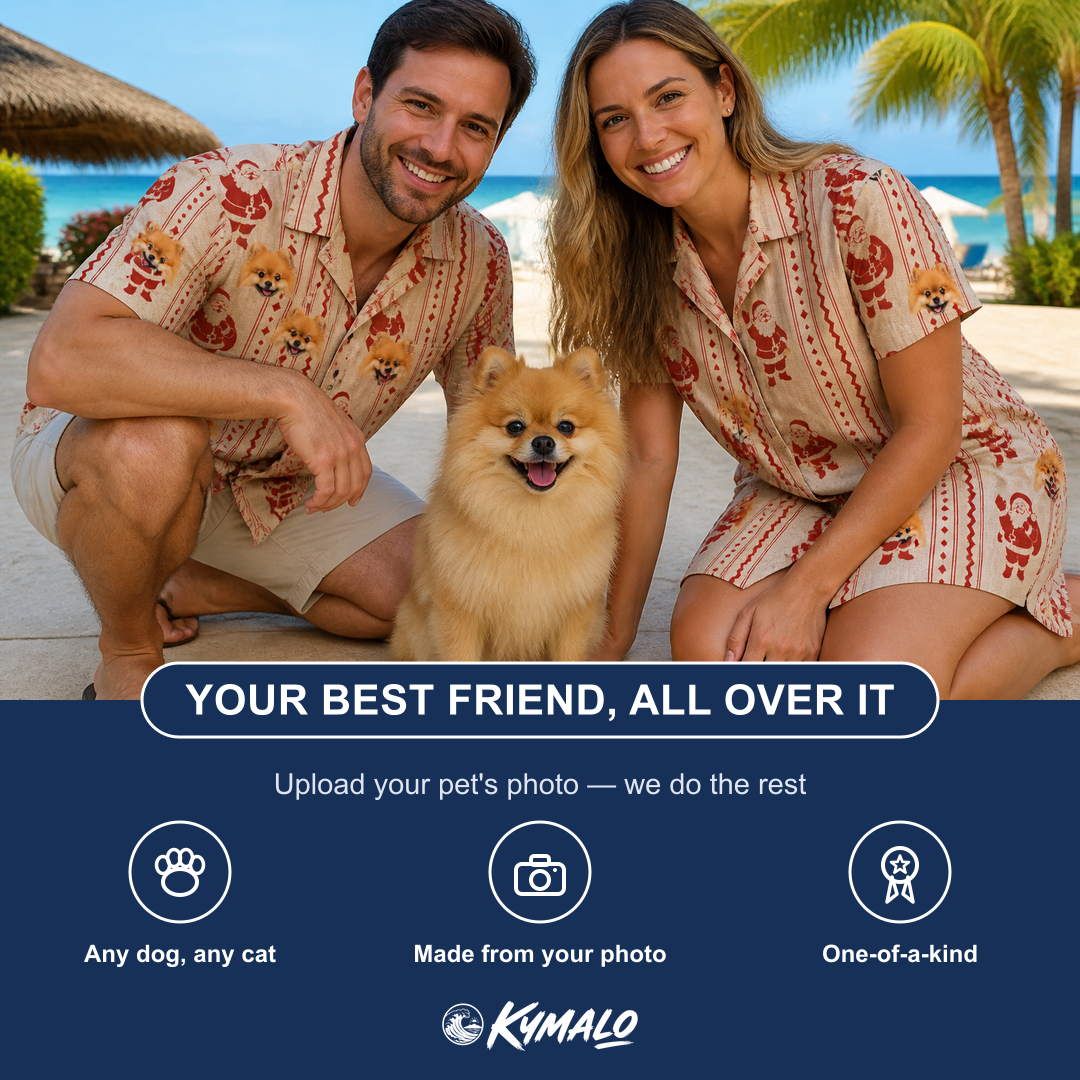 Friends in matching Women's Jolly Jingle Custom Dog Face Hawaiian Shirt — a group gift photo