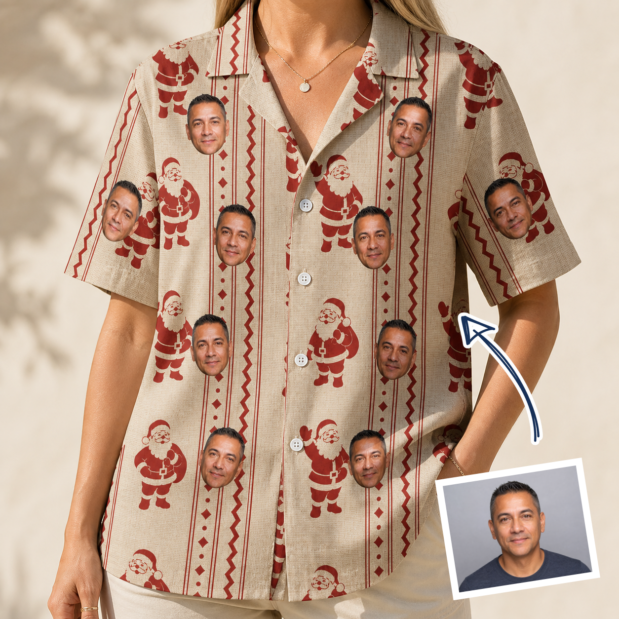 Woman wearing Women's Jolly Jingle Custom Face Hawaiian Shirt — custom faces printed all-over
