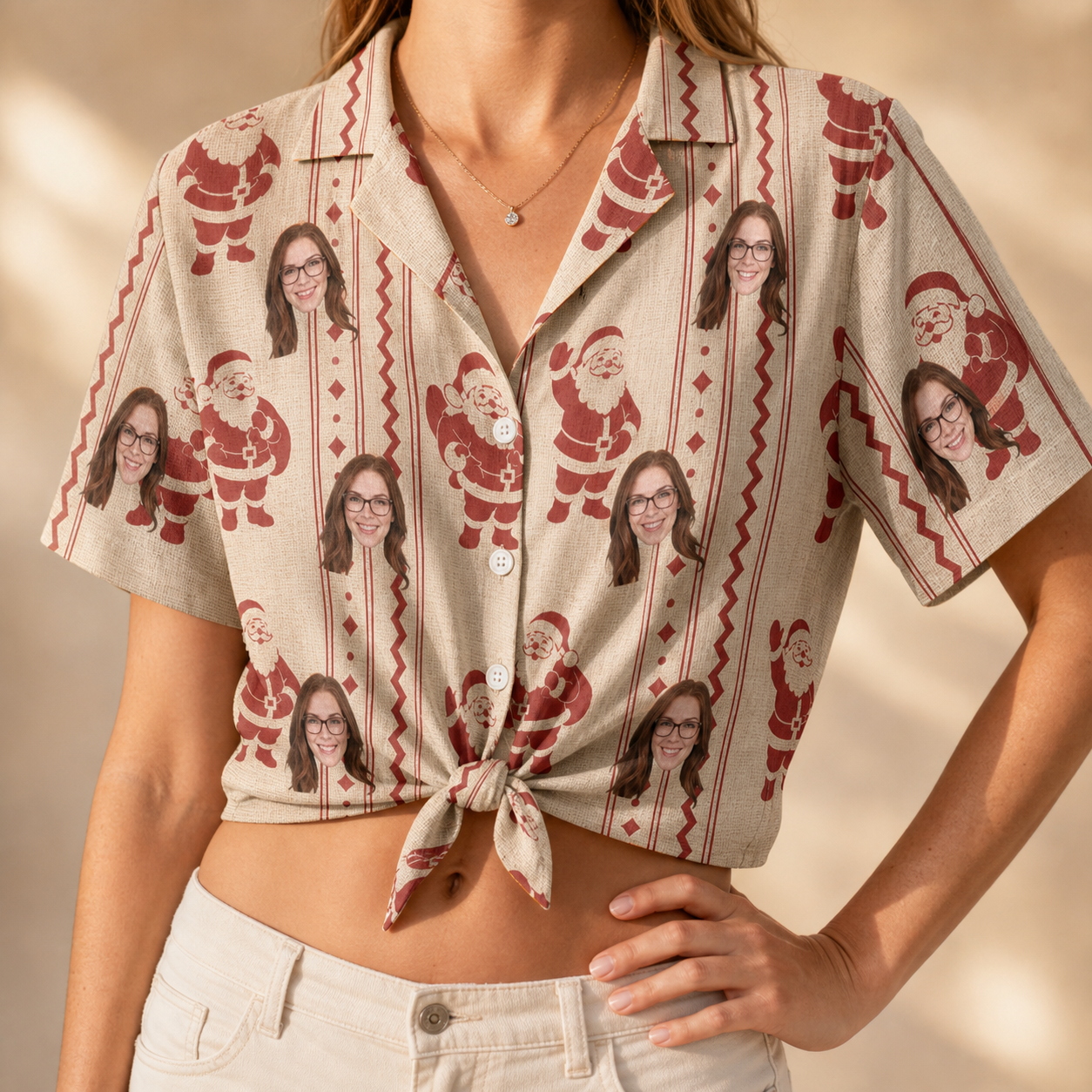 Woman wearing Women's Jolly Jingle Custom Face Hawaiian Shirt tied at the waist