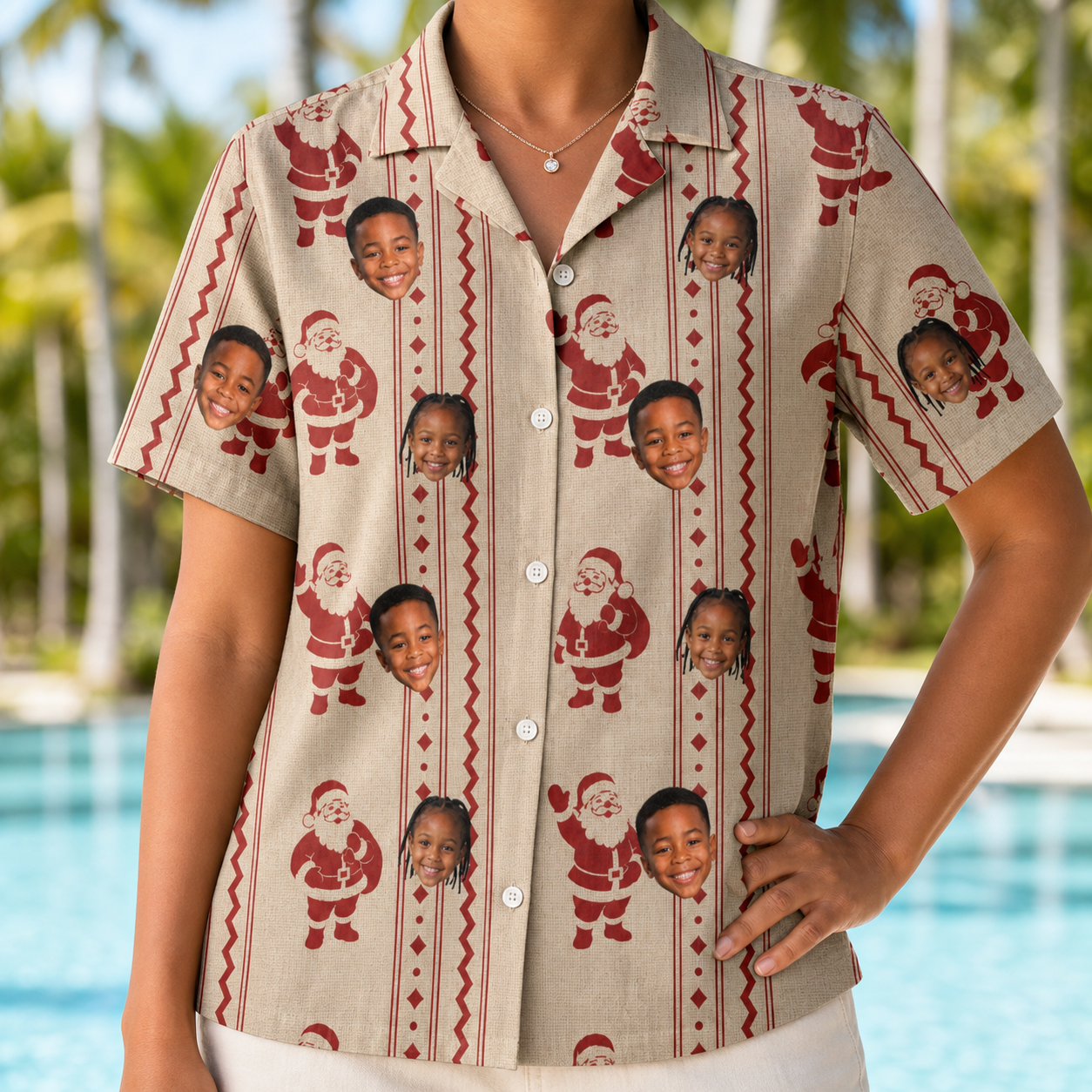 Model wearing Women's Jolly Jingle Custom Face Hawaiian Shirt printed with kids' faces