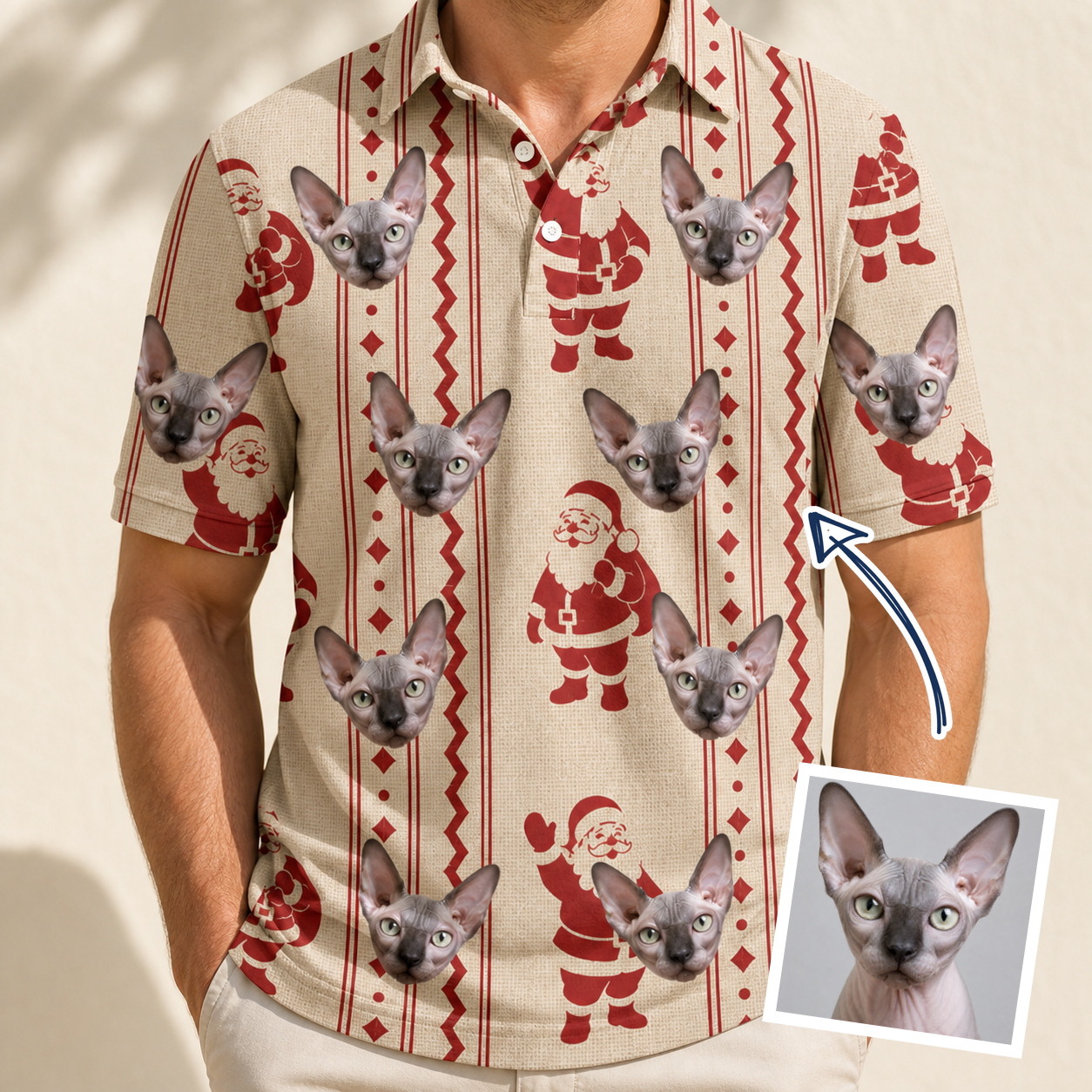 Man wearing Men's Jolly Jingle Custom Cat Face Polo Shirt — custom faces printed all-over