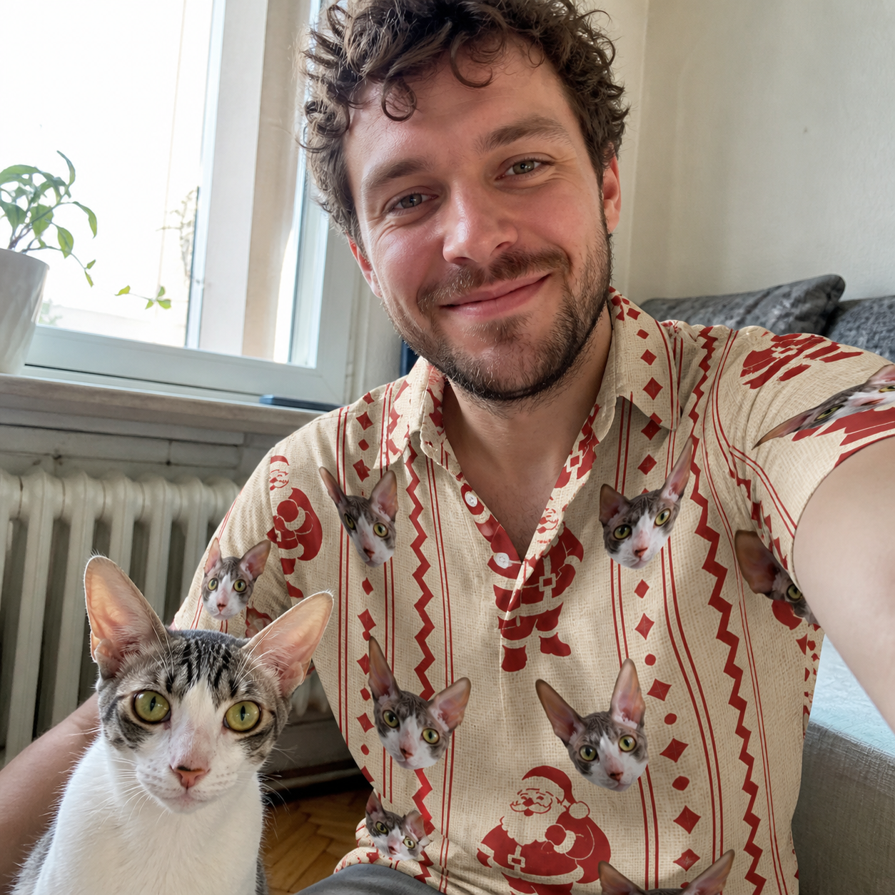 Selfie with the pet whose face is printed all over this Men's Jolly Jingle Custom Cat Face Polo Shirt