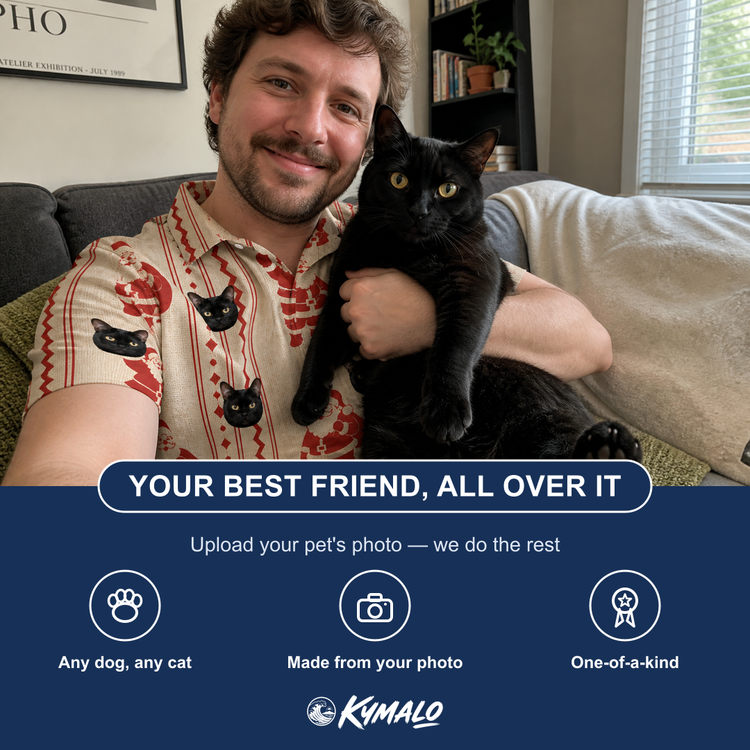 Friends in matching Men's Jolly Jingle Custom Cat Face Polo Shirt — a group gift photo