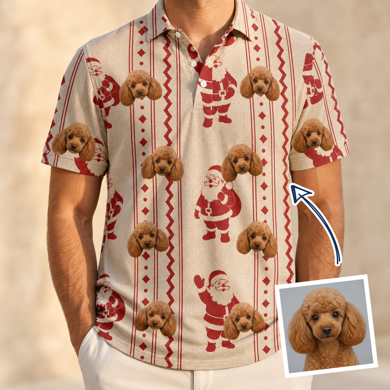 Man wearing Men's Jolly Jingle Custom Dog Face Polo Shirt — custom faces printed all-over