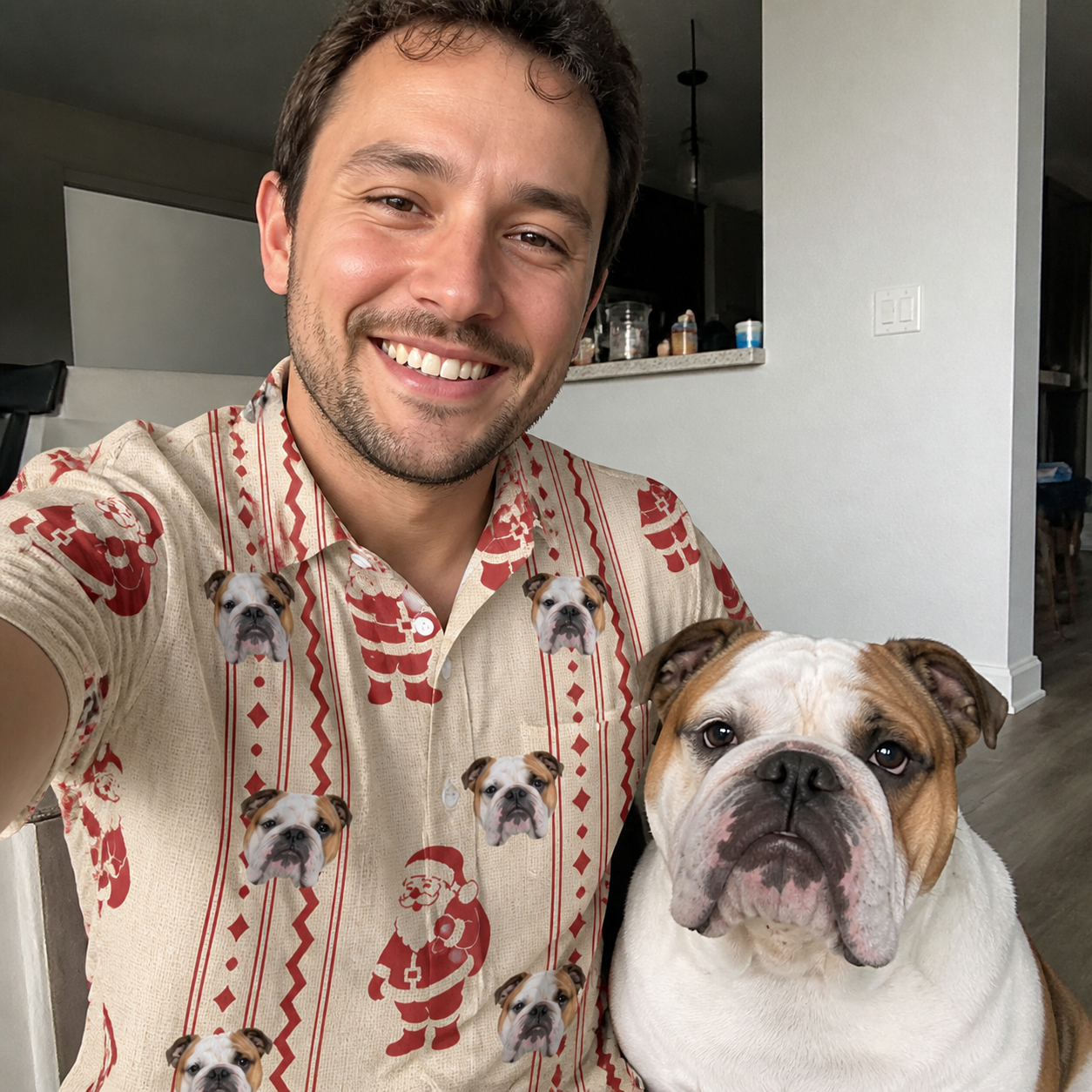 Selfie with the pet whose face is printed all over this Men's Jolly Jingle Custom Dog Face Polo Shirt