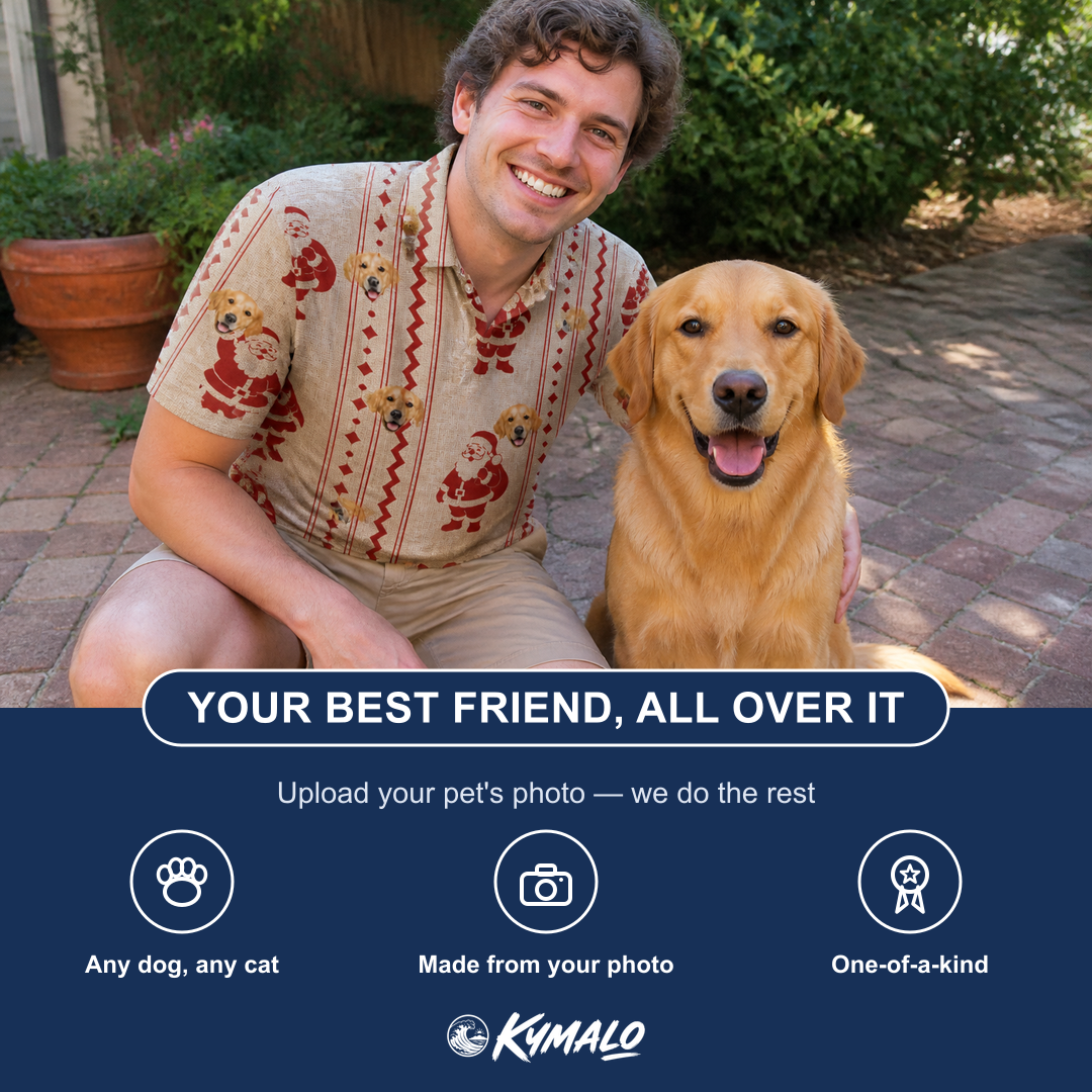 Friends in matching Men's Jolly Jingle Custom Dog Face Polo Shirt — a group gift photo