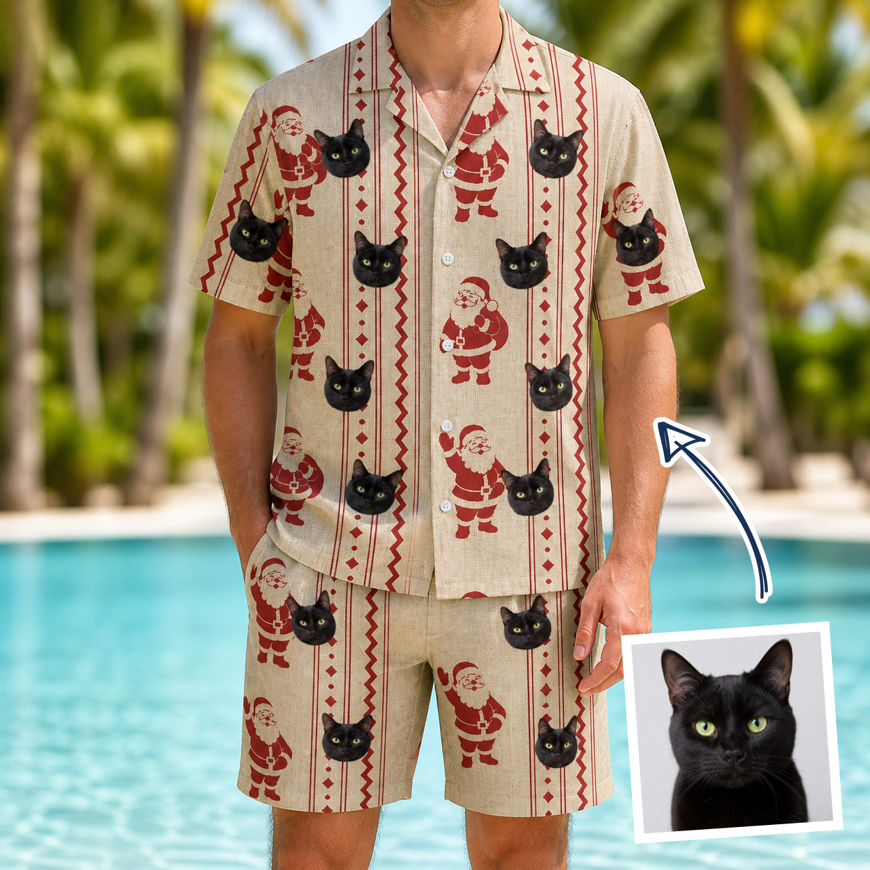 Man wearing Men's Jolly Jingle Custom Cat Face Shirt & Shorts Set — custom faces printed all-over