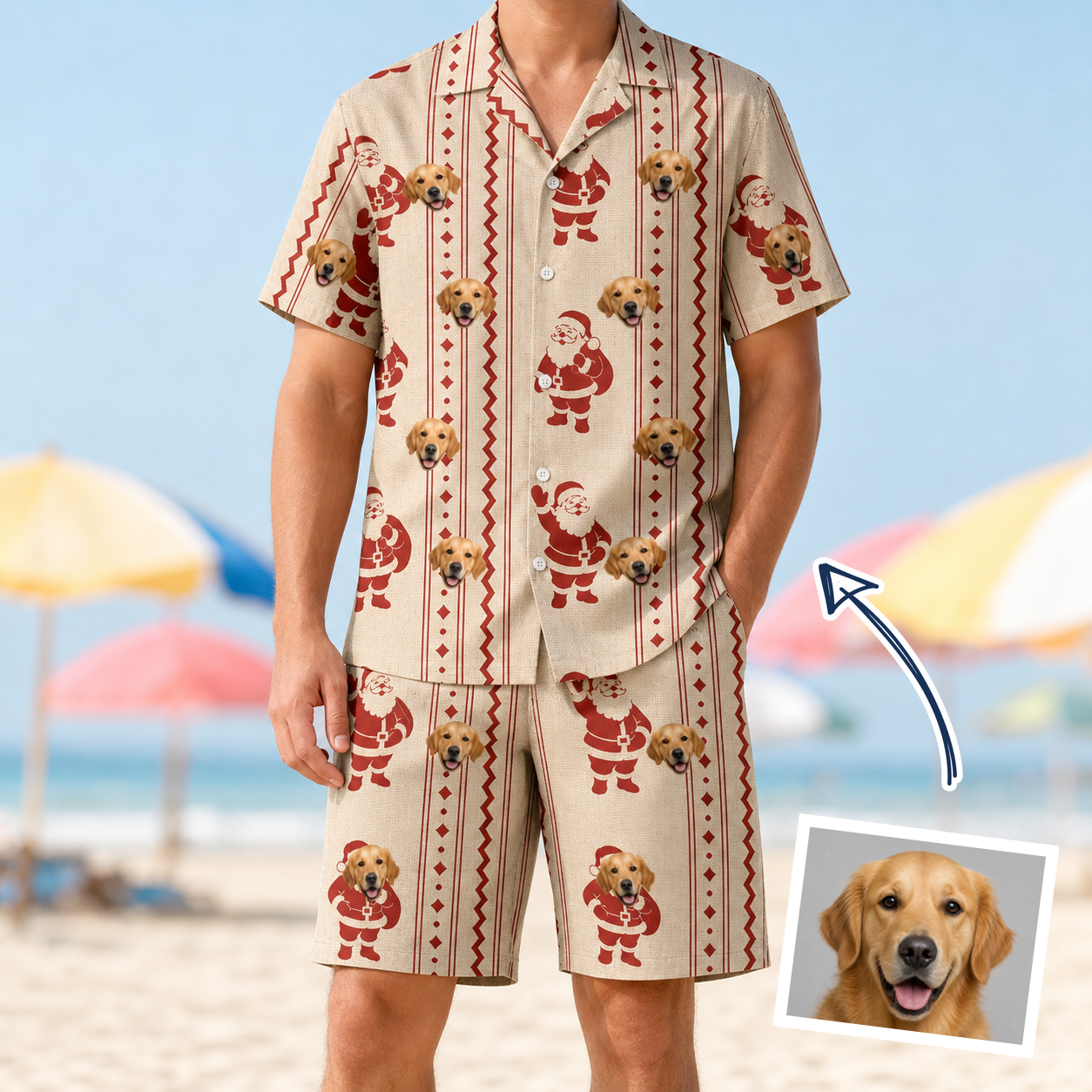 Man wearing Men's Jolly Jingle Custom Dog Face Shirt & Shorts Set — custom faces printed all-over