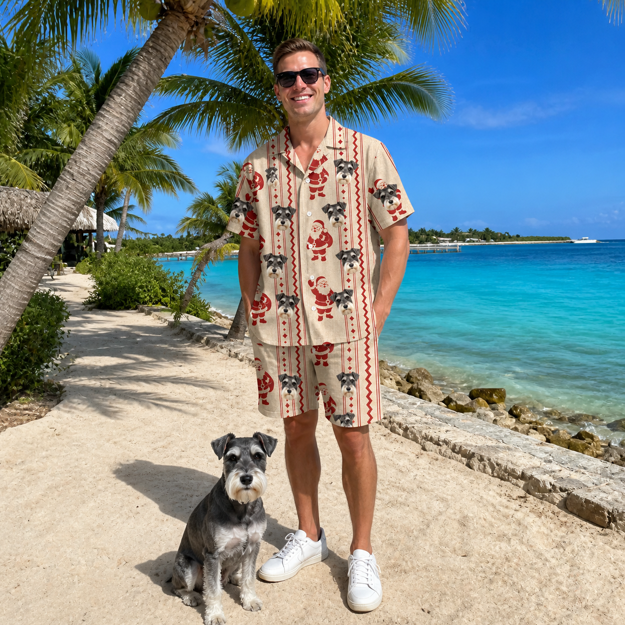 Full-length photo with the pet printed all over this Men's Jolly Jingle Custom Dog Face Shirt & Shorts Set