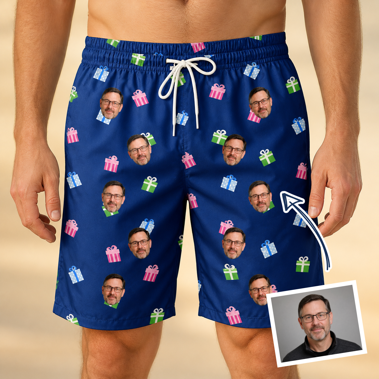Man wearing Men's Boxed Bliss Custom Face Beach Shorts — custom faces printed all-over