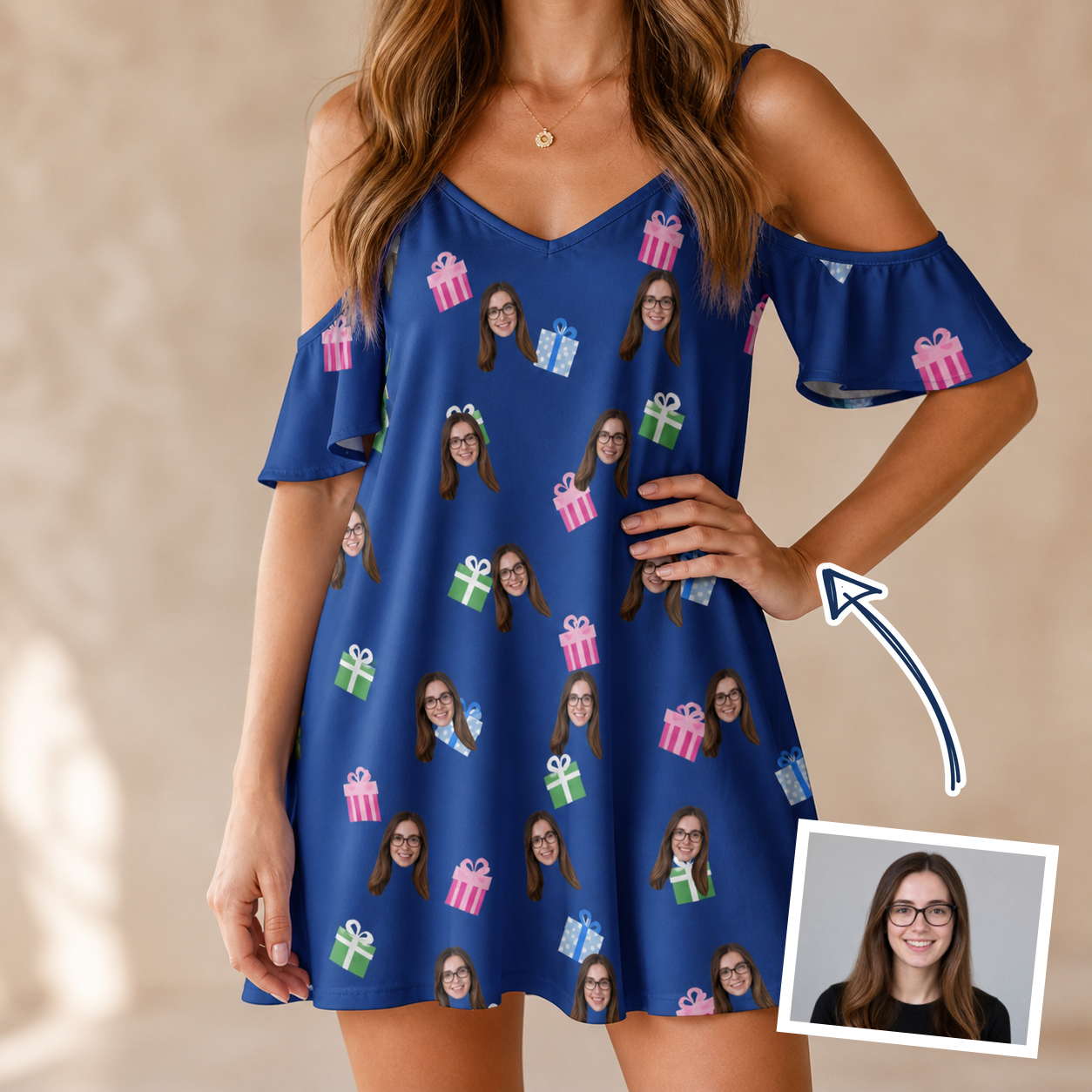 Woman wearing Women's Boxed Bliss Custom Face Off-Shoulder Dress — custom faces printed all-over