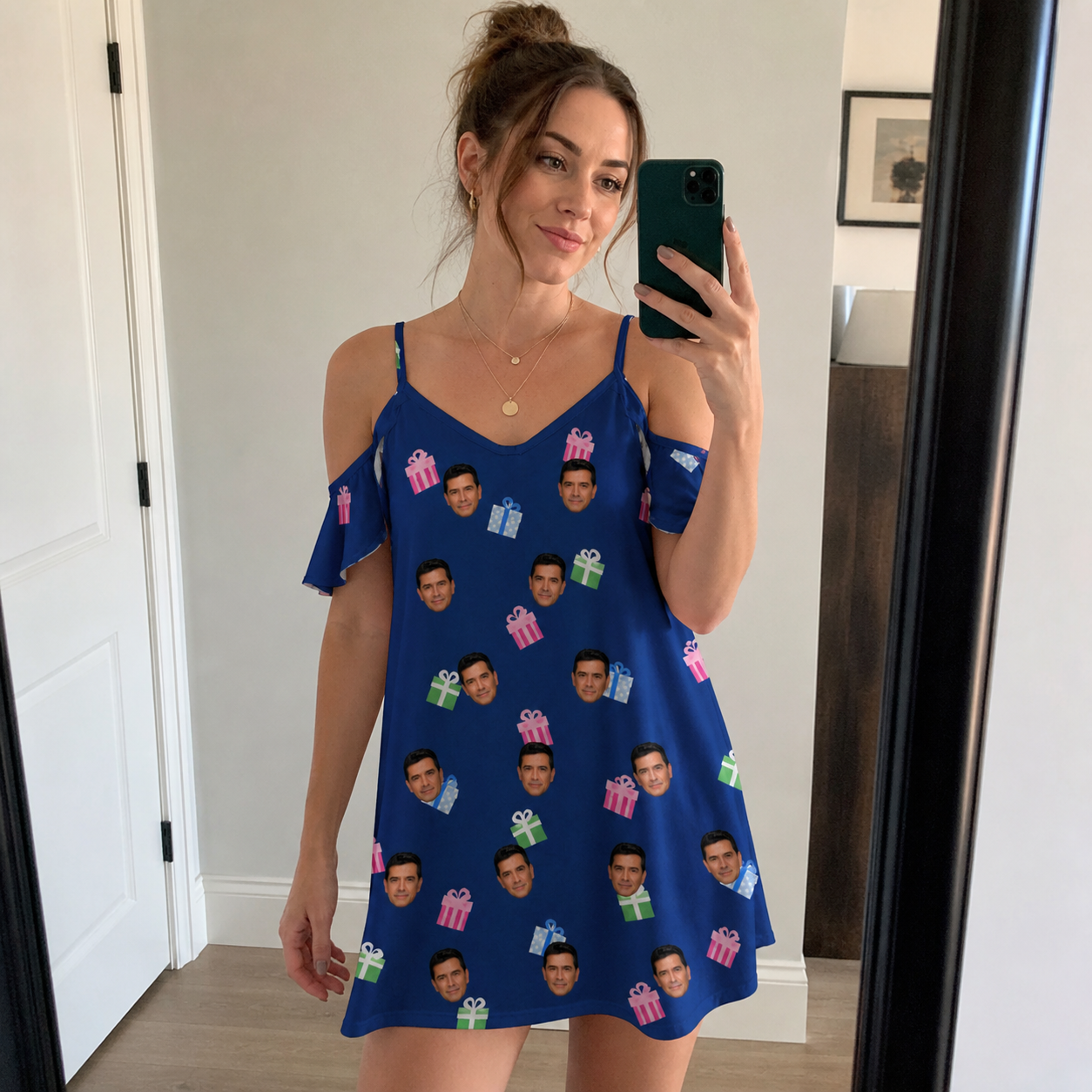 Real-life photo of someone wearing Women's Boxed Bliss Custom Face Off-Shoulder Dress — custom faces printed all-over