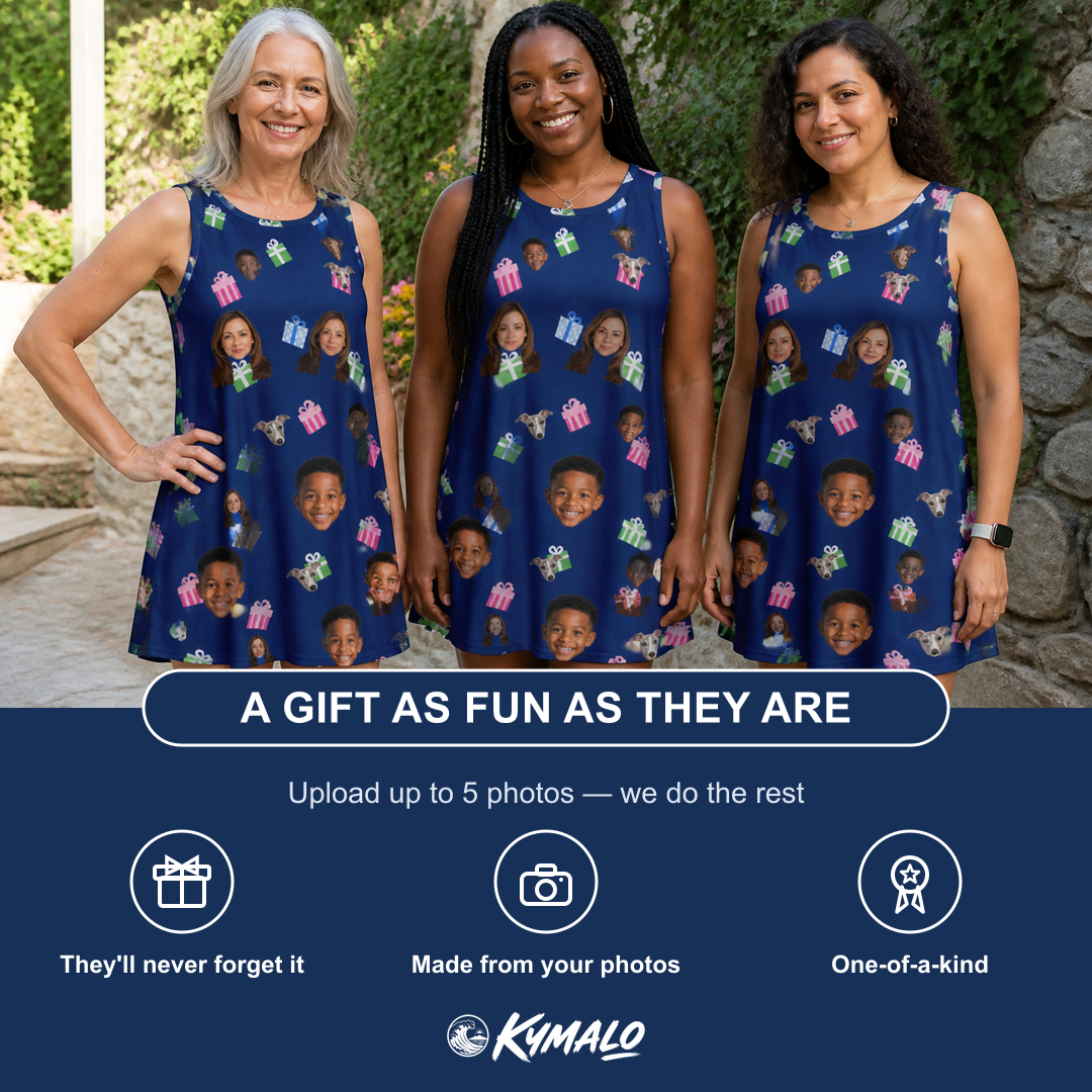 Friends in matching Women's Boxed Bliss Custom Face Tank Dress — a group gift photo